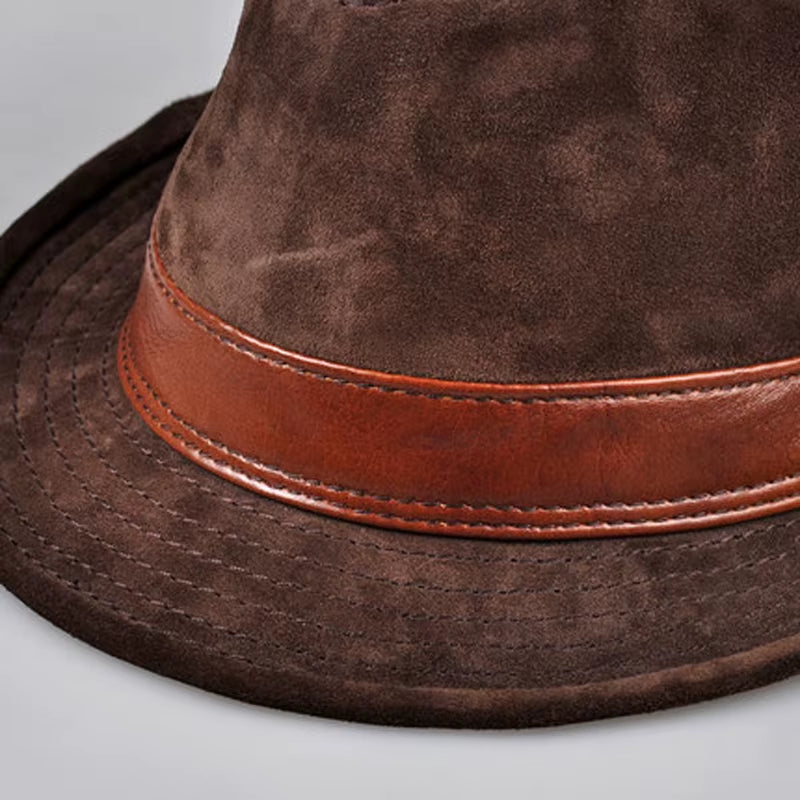 RY9108 Men Genuine Leather Suede Cow Skin Nubuck Brown Fedoras Hats Women Gentleman Male Jazz Hip Pop Caps 56-60Cm Fitted Hat