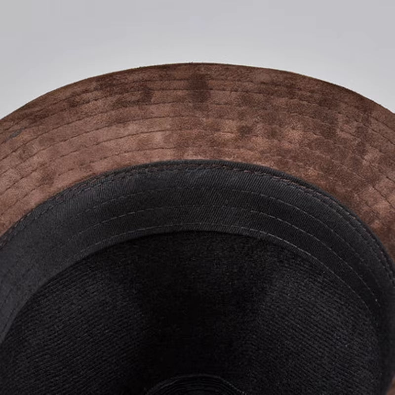 RY9108 Men Genuine Leather Suede Cow Skin Nubuck Brown Fedoras Hats Women Gentleman Male Jazz Hip Pop Caps 56-60Cm Fitted Hat