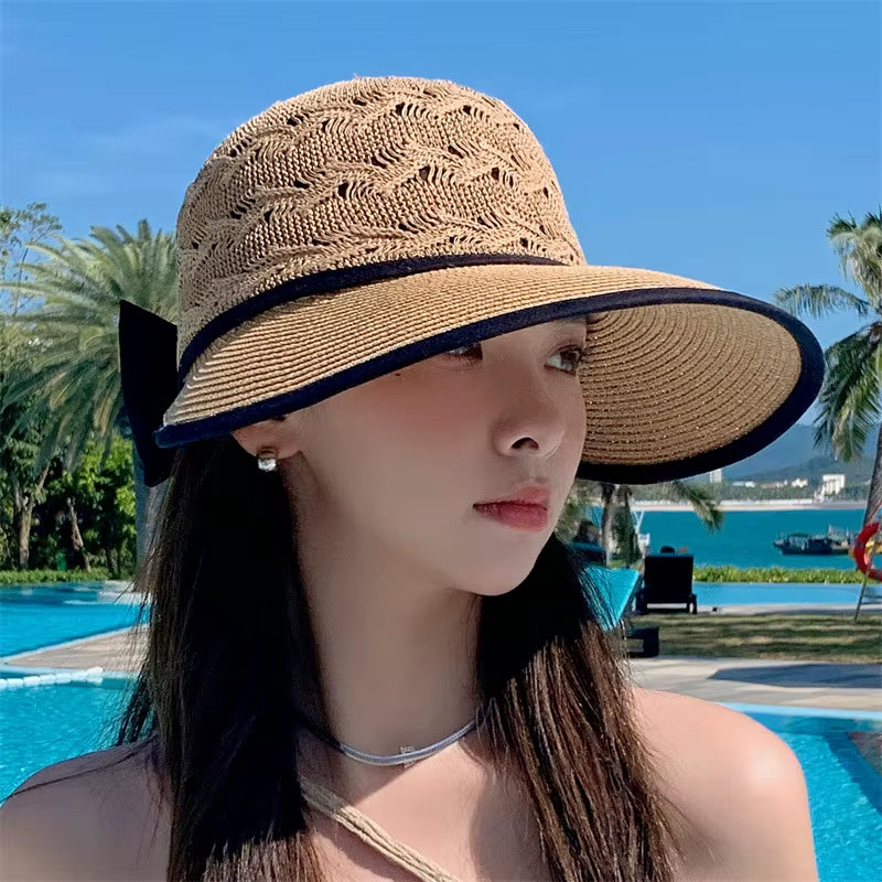 Women Ponytail Straw Sun Hat Wide Brim Visor Summer Adjustable Cap Sun Beach Foldable Hats