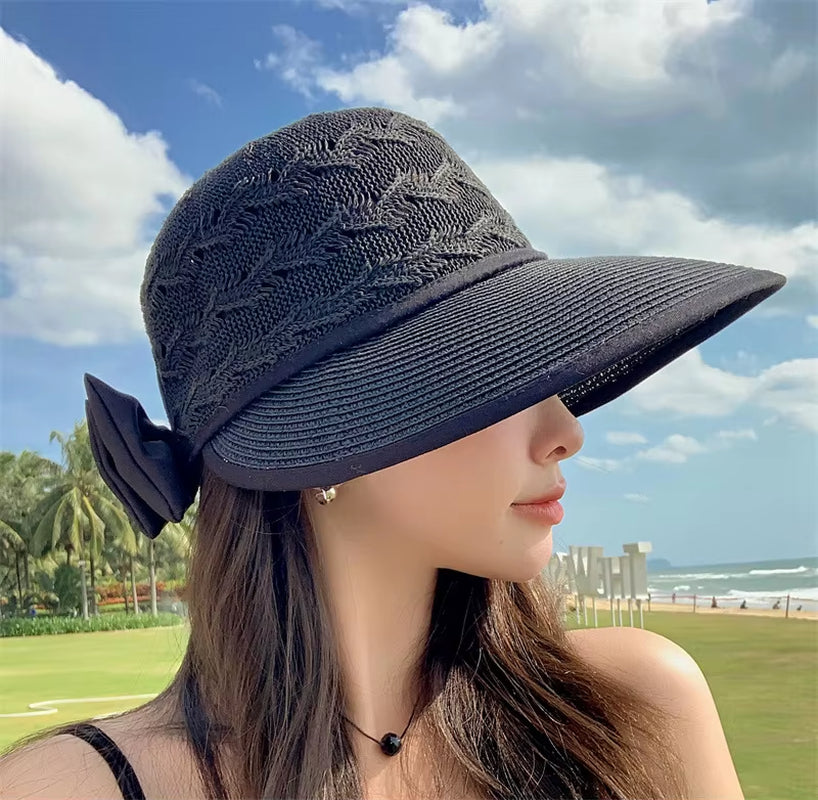 Women Ponytail Straw Sun Hat Wide Brim Visor Summer Adjustable Cap Sun Beach Foldable Hats