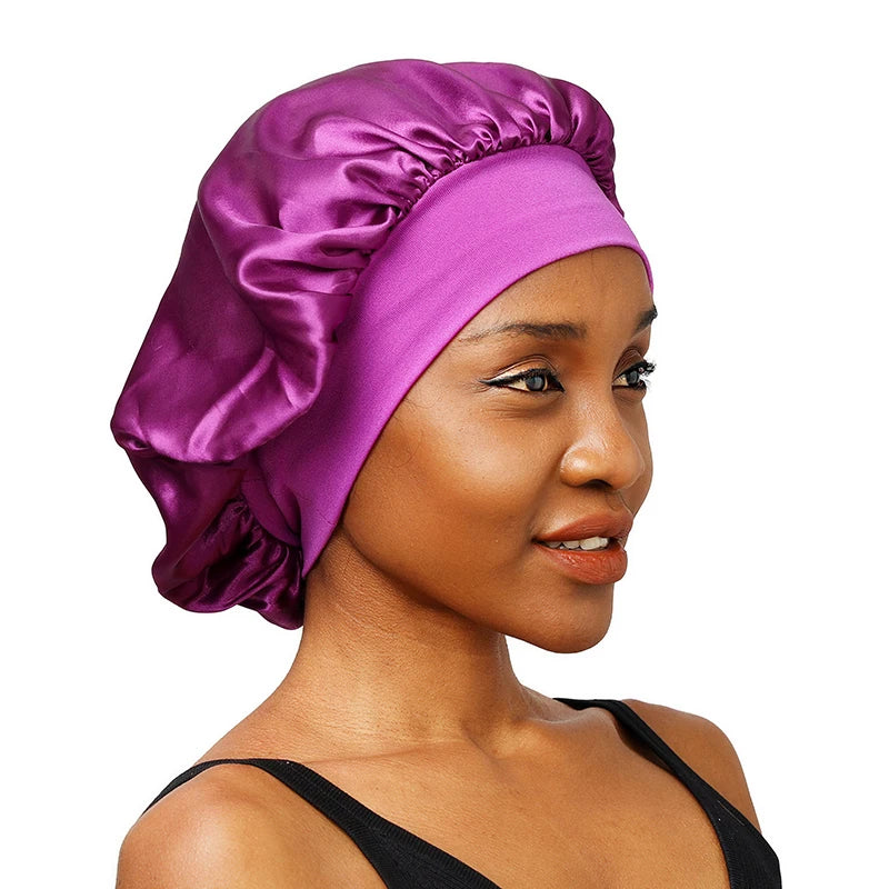 New Women'S Satin Solid Wide-Brimmed Sleeping Hat Unisex Head Wrap Elastic Band Cap Hair Care Bonnet Night Hat Bonnet De Nuit