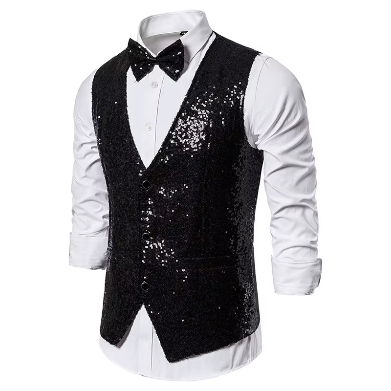 Shiny Royal Blue Sequin Dress Vests Men Slim Fit V Neck Glitter Tuxedo Waistcoat Mens Wedding Party Stage Prom Vest with Bowtie