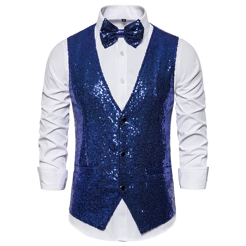 Shiny Gold Sequin Sparkling Waistcoat Men Slim Fit V Neck 2 Pieces Mens Vest with Bowtie Wedding Party Stage Prom Costume Gilet