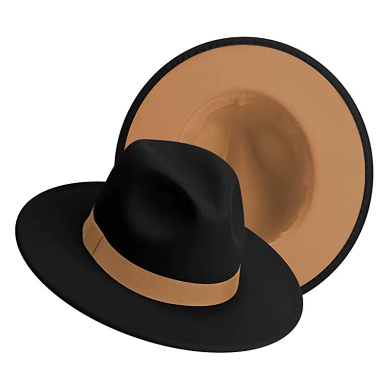 Simple outside Black inside Camel Patchwork Wide Brim Fedora Hat Men Women Two Tone Felt Fedora Hats Cowboy Jazz Hat Brown Belt