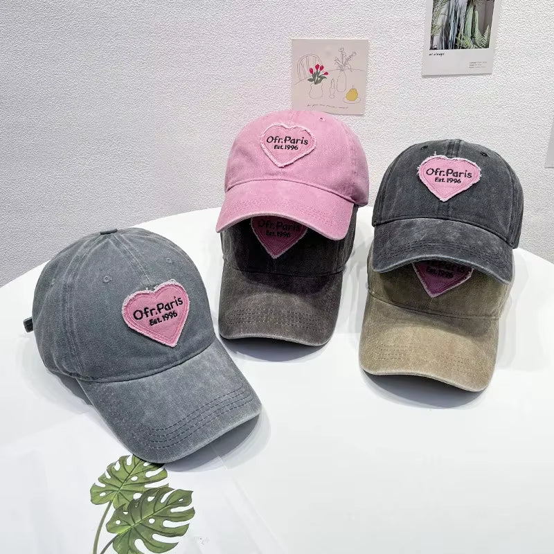 Women Baseball Cap Vintage Washed Cotton Soft Top Dad Hat Retro Y2K Pink Love Heart Letter Embroidered Snapback Caps