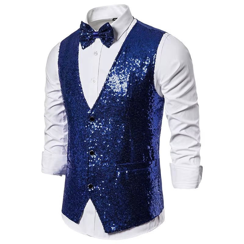 Shiny Gold Sequin Sparkling Waistcoat Men Slim Fit V Neck 2 Pieces Mens Vest with Bowtie Wedding Party Stage Prom Costume Gilet