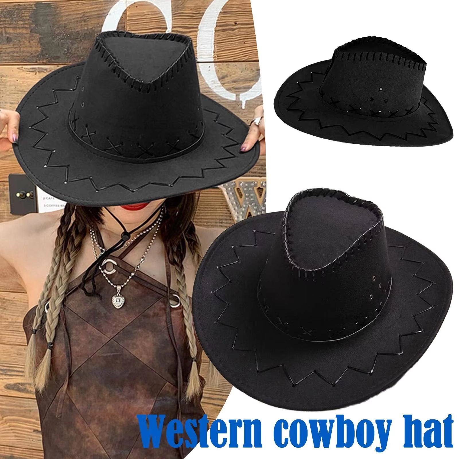 Classic Womens Western Cowboy Cowgirl Hat with Strap Fedora Wide Brim Hat with Belt Black Cowboy Hat Men Women Halloween Costume