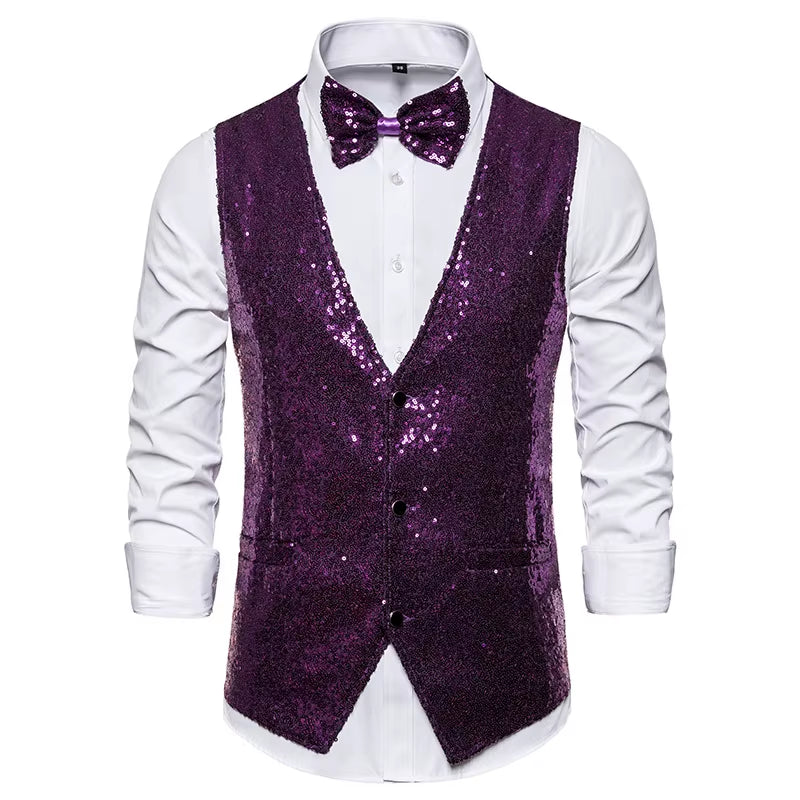 Shiny Royal Blue Sequin Dress Vests Men Slim Fit V Neck Glitter Tuxedo Waistcoat Mens Wedding Party Stage Prom Vest with Bowtie