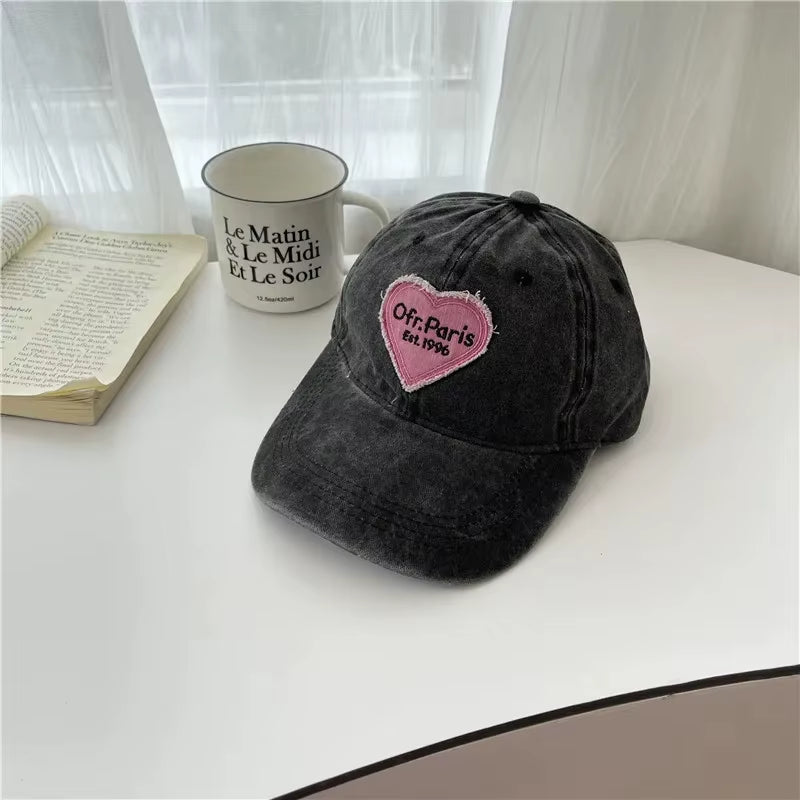 Women Baseball Cap Vintage Washed Cotton Soft Top Dad Hat Retro Y2K Pink Love Heart Letter Embroidered Snapback Caps