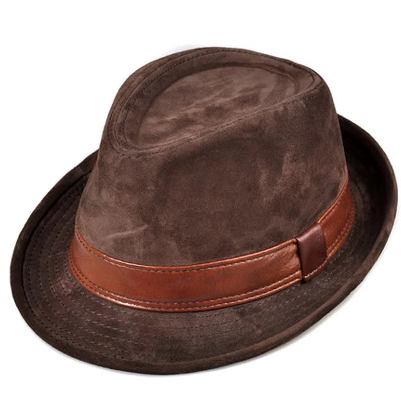 RY9108 Men Genuine Leather Suede Cow Skin Nubuck Brown Fedoras Hats Women Gentleman Male Jazz Hip Pop Caps 56-60Cm Fitted Hat