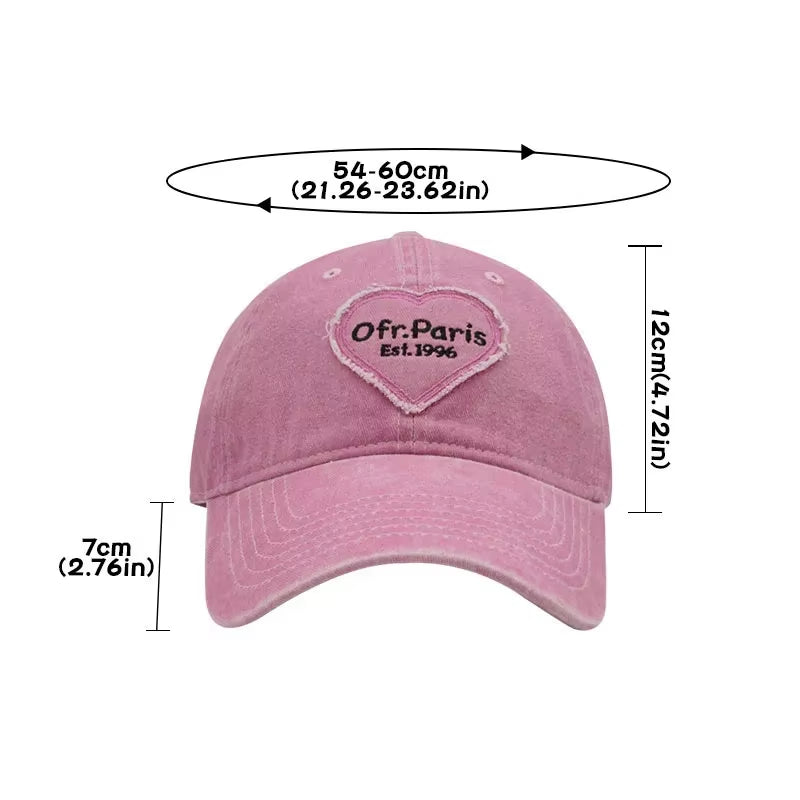 Women Baseball Cap Vintage Washed Cotton Soft Top Dad Hat Retro Y2K Pink Love Heart Letter Embroidered Snapback Caps