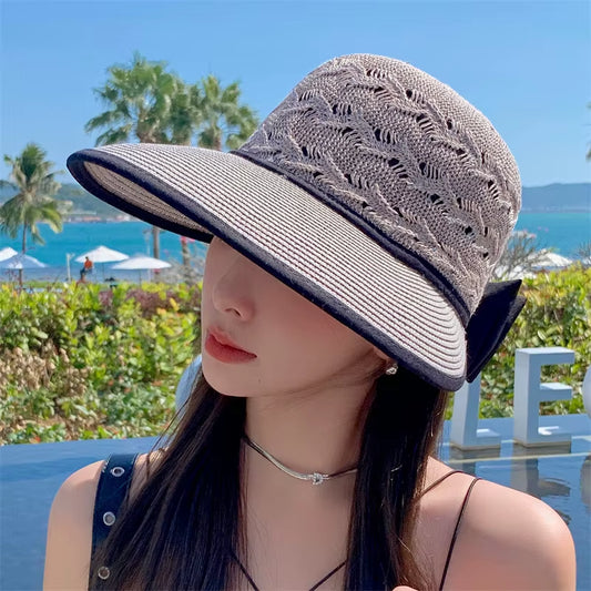 Women Ponytail Straw Sun Hat Wide Brim Visor Summer Adjustable Cap Sun Beach Foldable Hats