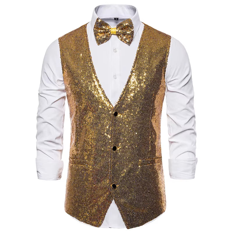 Shiny Gold Sequin Sparkling Waistcoat Men Slim Fit V Neck 2 Pieces Mens Vest with Bowtie Wedding Party Stage Prom Costume Gilet